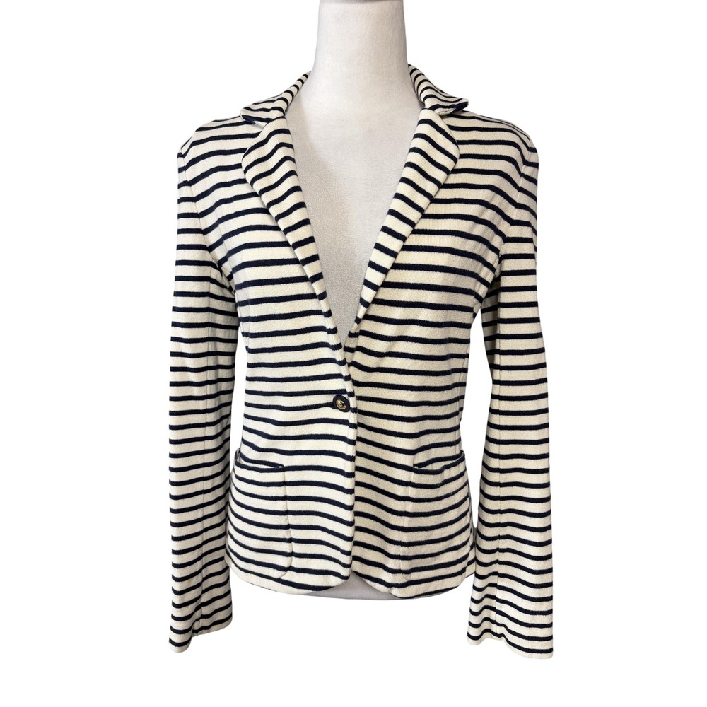 Tory Burch Blazer Jacket Womens‎ S White Navy Striped Cotton Knit Nautical
